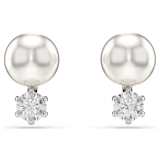 Matrix stud earrings, Crystal pearl, White Rhodium