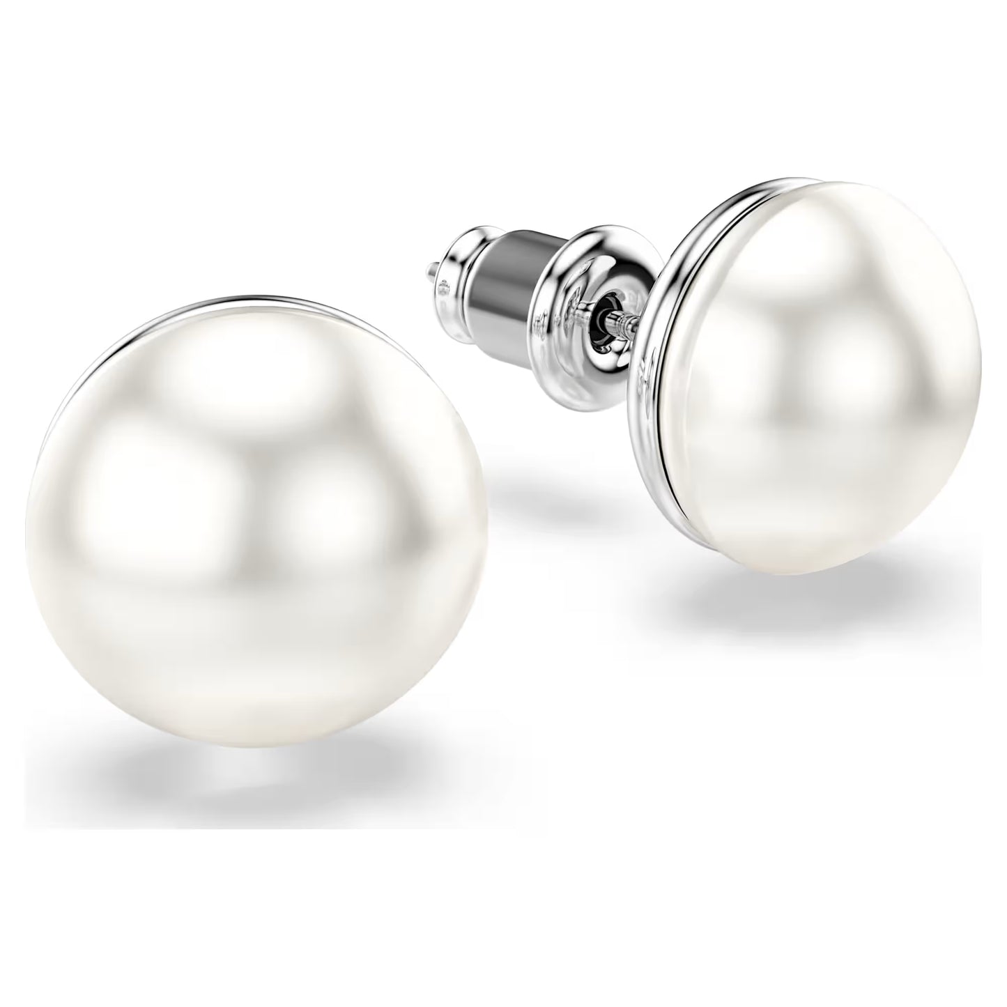 Matrix stud earrings, Crystal pearl, White, Rhodium plated