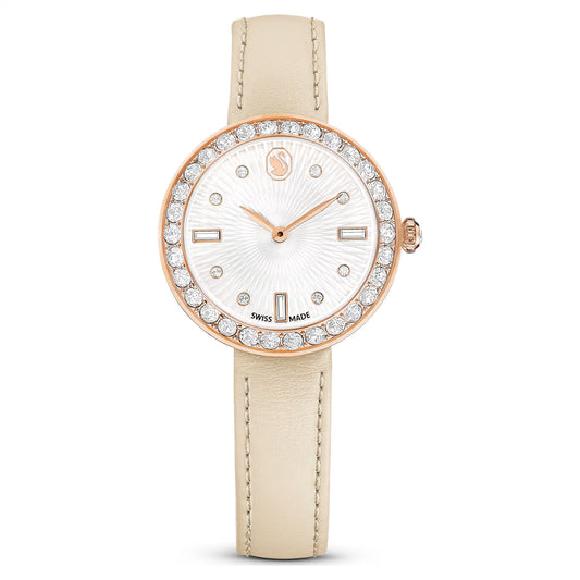Matrix tennis 7-link watch, Swiss Made, Leather strap, Grey, Rose gold-tone finish
