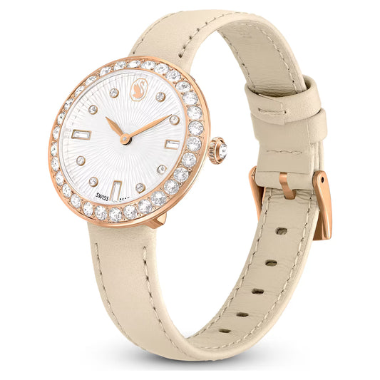 Matrix tennis 7-link watch, Swiss Made, Leather strap, Grey, Rose gold-tone finish