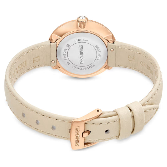 Matrix tennis 7-link watch, Swiss Made, Leather strap, Grey, Rose gold-tone finish