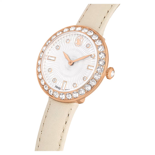 Matrix tennis 7-link watch, Swiss Made, Leather strap, Grey, Rose gold-tone finish