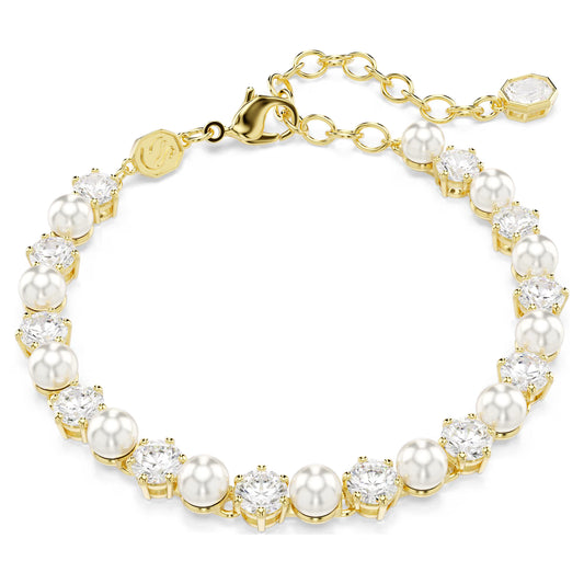 Matrix Tennis bracelet, Crystal pearl, Round cut, White, Gold-tone plated