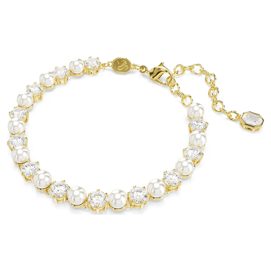Matrix Tennis bracelet, Crystal pearl, Round cut, White, Gold-tone plated