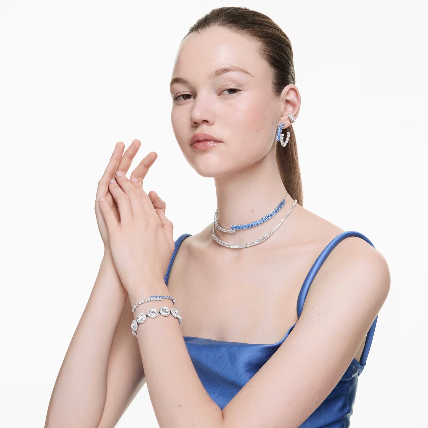 Matrix Tennis bracelet, Mixed cuts, Blue, Rhodium plated