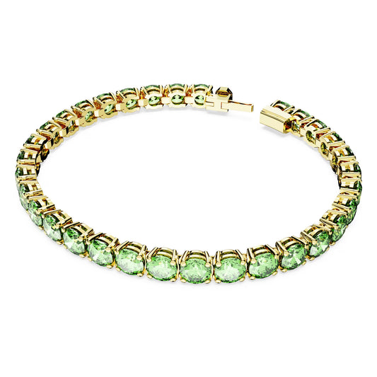 Matrix Tennis bracelet, Round cut, Green, Gold-tone, L