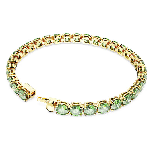 Matrix Tennis bracelet, Round cut, Green, Gold-tone, L