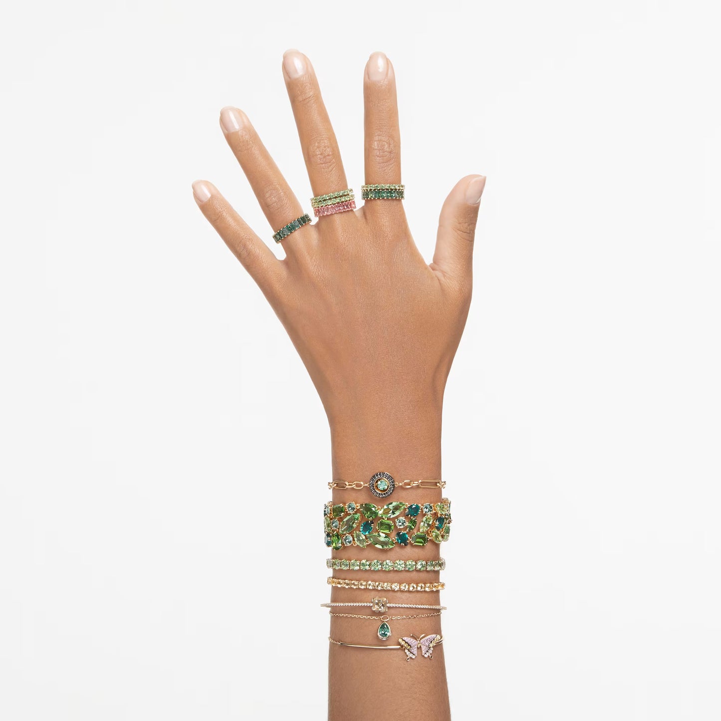 Matrix Tennis bracelet, Round cut, Green, Gold-tone, L