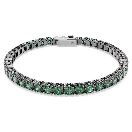 Matrix Tennis bracelet, Round cut, Green, Ruthenium plated
