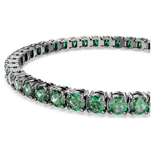 Matrix Tennis bracelet, Round cut, Green, Ruthenium plated