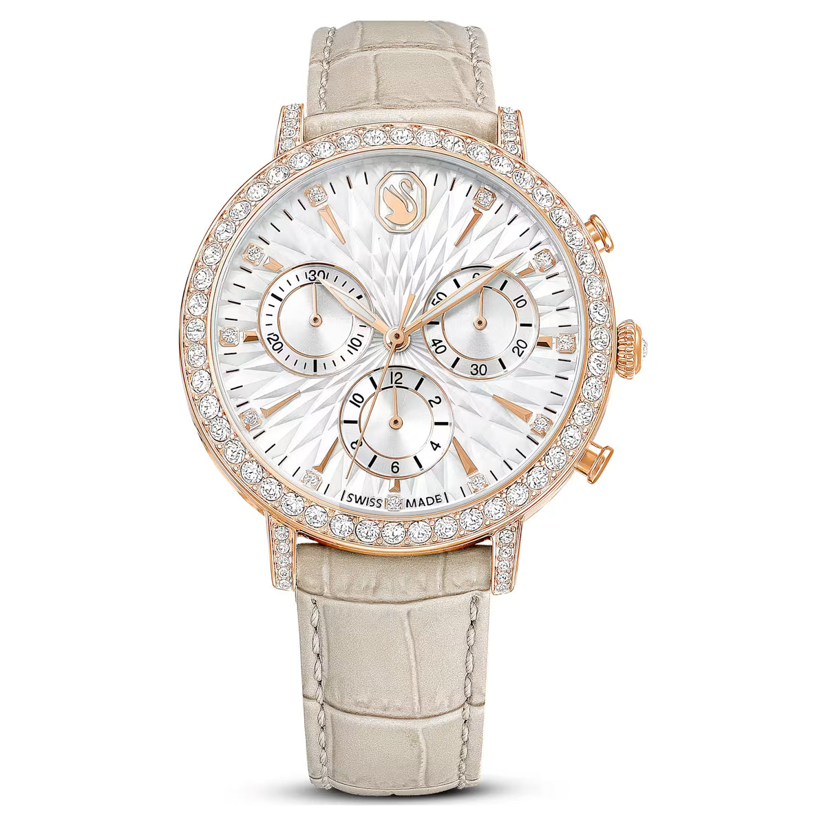 Matrix tennis chrono watch, Swiss Made, Leather strap, Beige, Rose gold-tone finish
