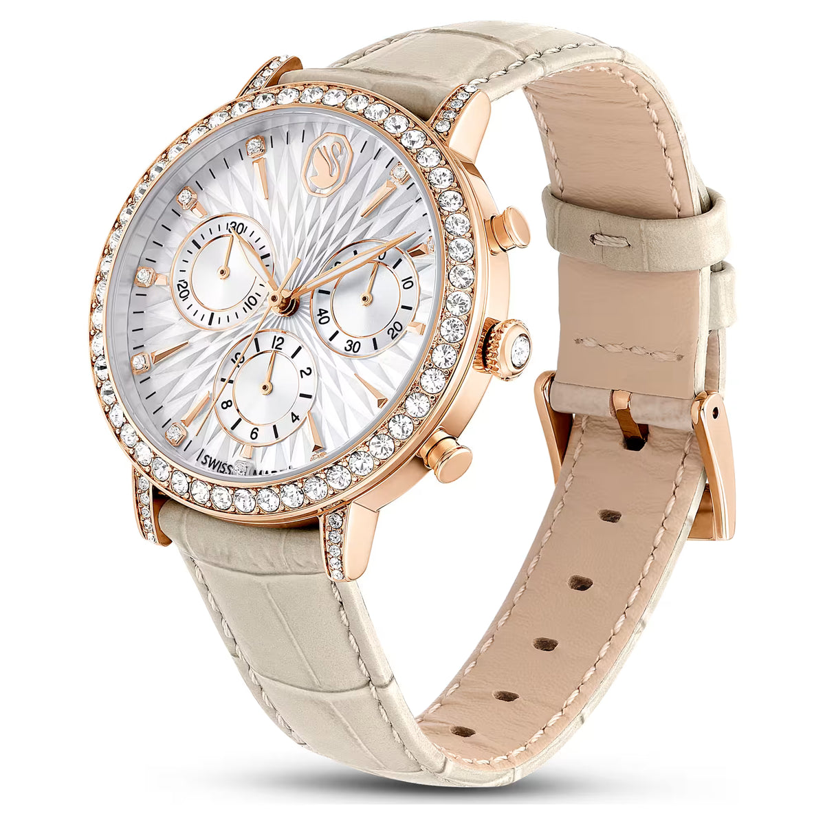 Matrix tennis chrono watch, Swiss Made, Leather strap, Beige, Rose gold-tone finish