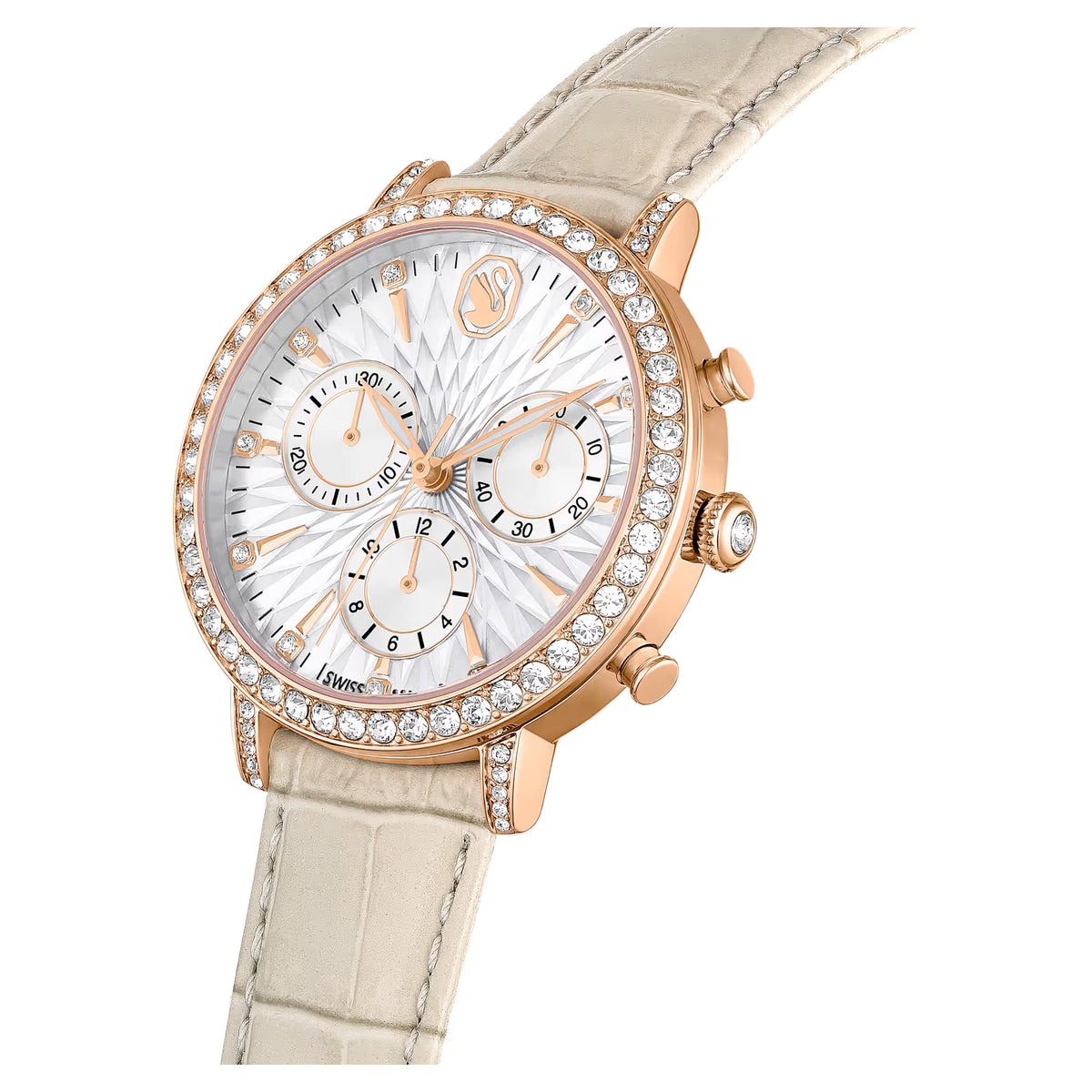 Matrix tennis chrono watch, Swiss Made, Leather strap, Beige, Rose gold-tone finish