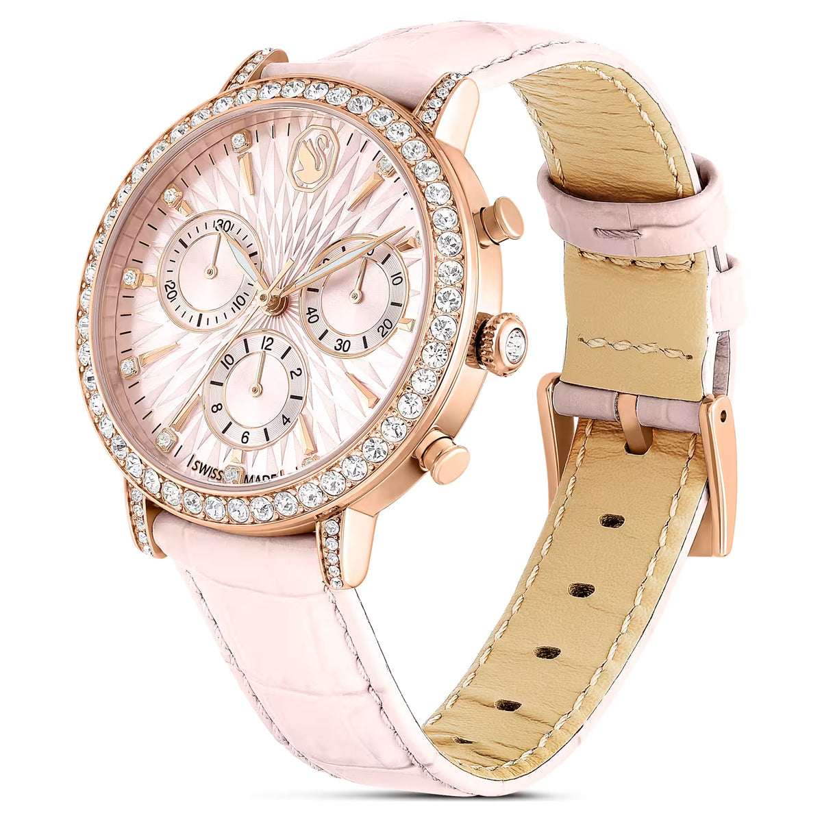 Matrix tennis chrono watch, Swiss Made, Leather strap, Pink, Rose gold-tone finish