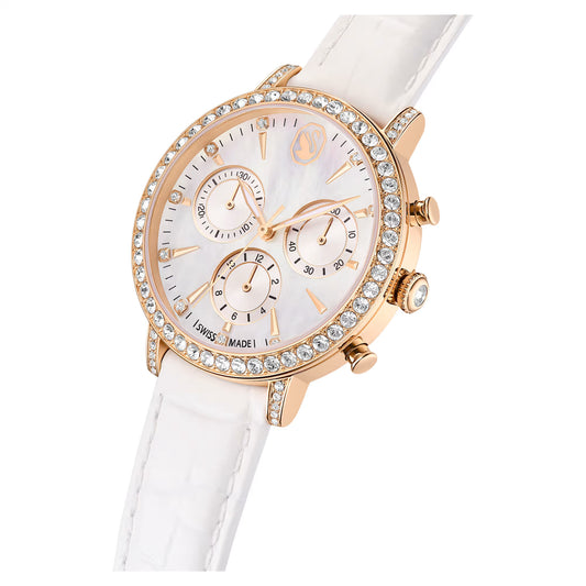 Matrix tennis chrono watch, Swiss Made, Leather strap, Rose gold tone, Rose gold-tone finish