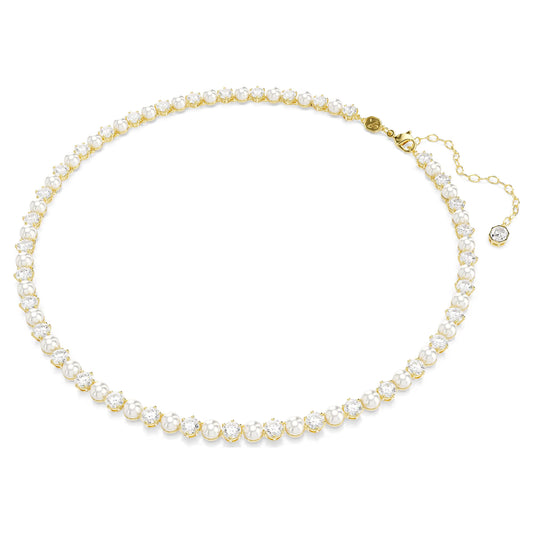 Matrix Tennis necklace, Crystal pearl, Round cut, White, Gold-tone plated