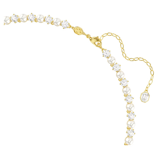Matrix Tennis necklace, Crystal pearl, Round cut, White, Gold-tone plated