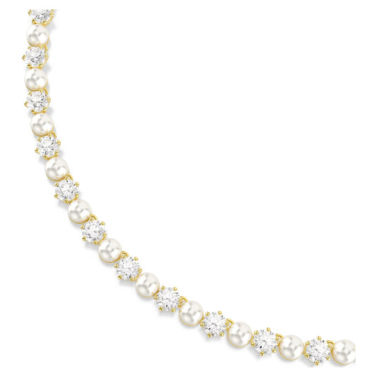 Matrix Tennis necklace, Crystal pearl, Round cut, White, Gold-tone plated