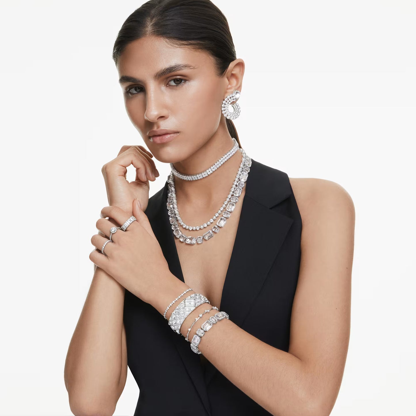 Matrix Tennis necklace, Crystal Pearl, Rhodium