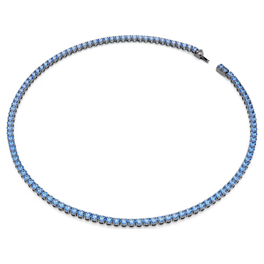 Matrix Tennis necklace, Round cut, Blue, Ruthenium plated