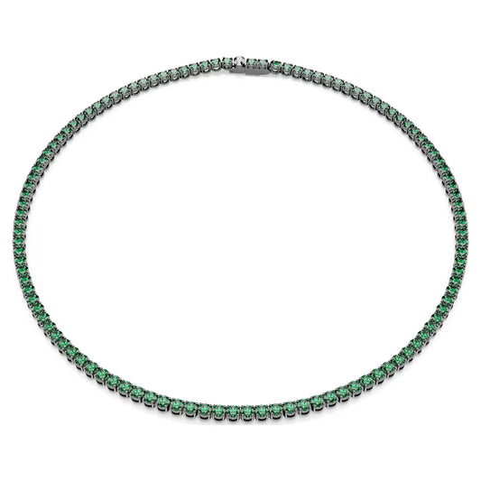 Matrix Tennis necklace, Round cut, Green, Ruthenium plated