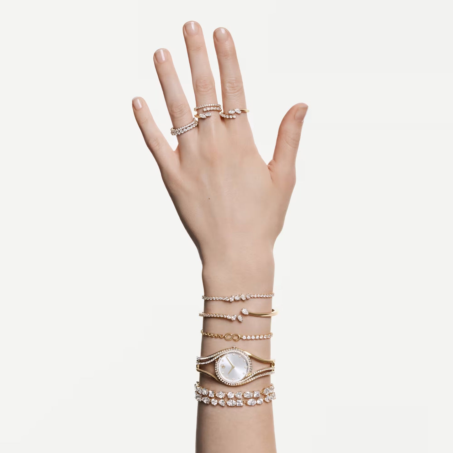 Mesmera bangle, Mixed cuts, White, 18K gold finish