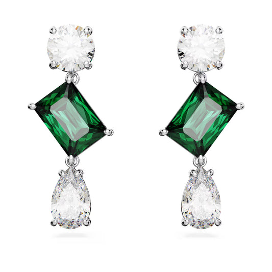 Mesmera drop earrings, Mixed cuts, Green, Rhodium