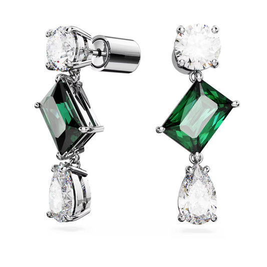 Mesmera drop earrings, Mixed cuts, Green, Rhodium