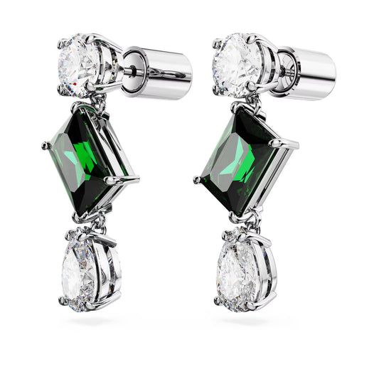 Mesmera drop earrings, Mixed cuts, Green, Rhodium