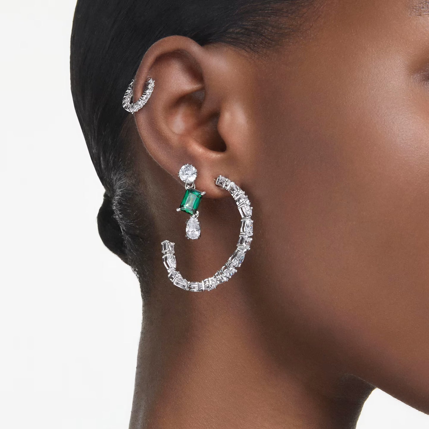 Mesmera drop earrings, Mixed cuts, Green, Rhodium
