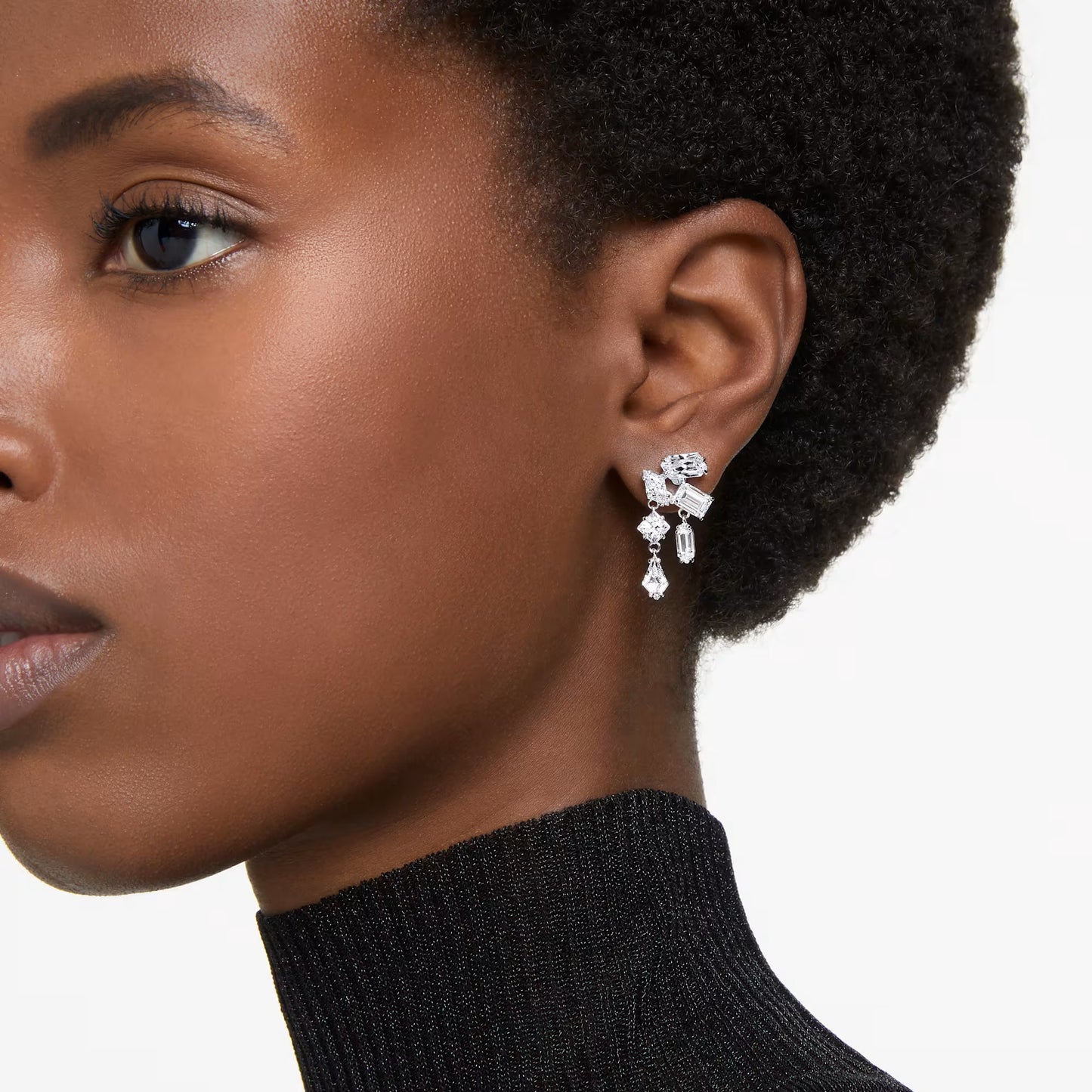 Mesmera drop earrings, Mixed cuts, White, Rhodium plated