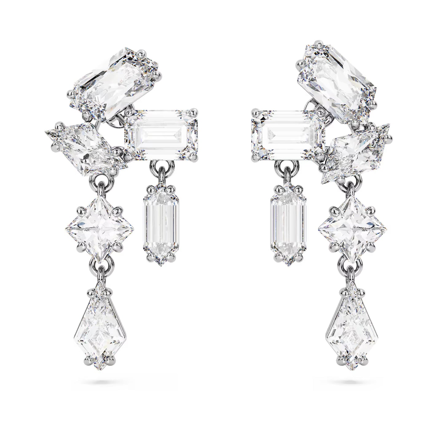 Mesmera drop earrings, Mixed cuts, White, Rhodium plated