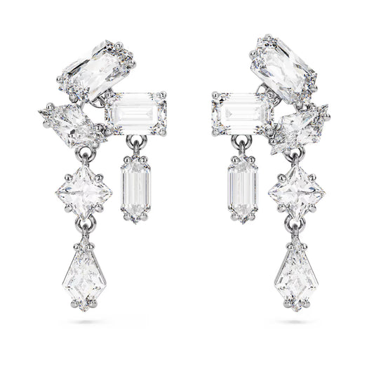 Mesmera drop earrings, Mixed cuts, White, Rhodium plated