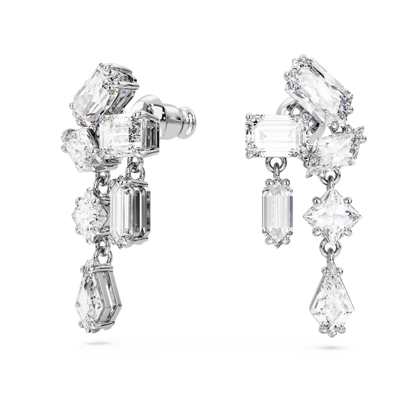 Mesmera drop earrings, Mixed cuts, White, Rhodium plated