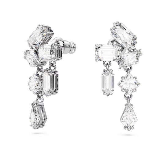 Mesmera drop earrings, Mixed cuts, White, Rhodium plated