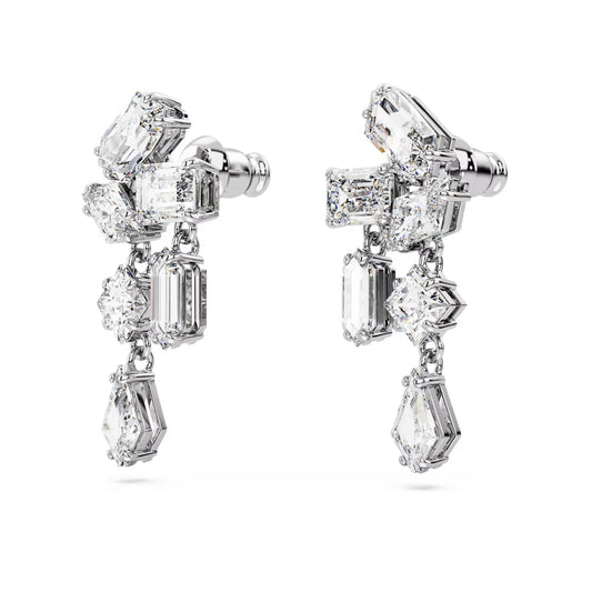 Mesmera drop earrings, Mixed cuts, White, Rhodium plated