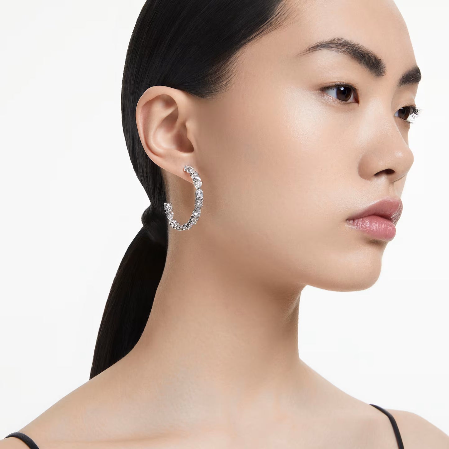 Mesmera hoop earrings, Mixed cuts, White, Rhodium