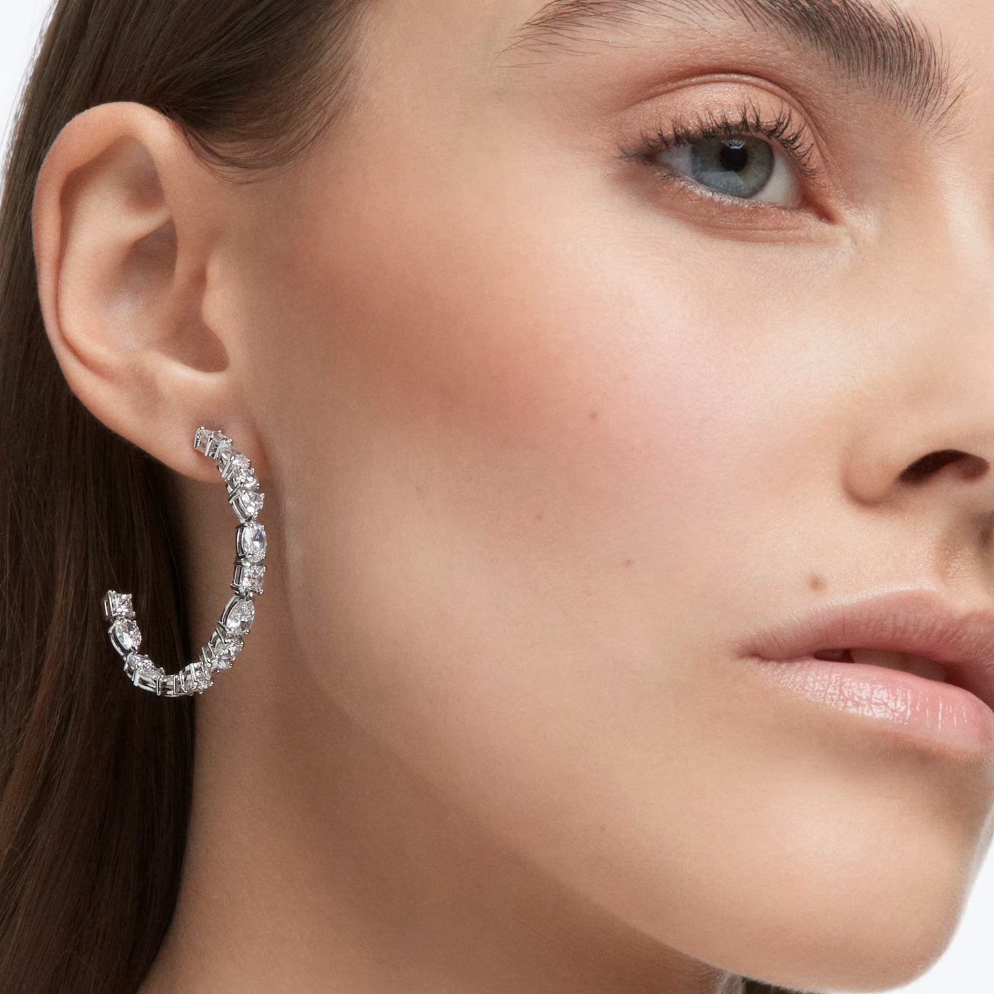 Mesmera hoop earrings, Mixed cuts, White, Rhodium