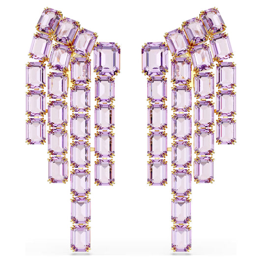 Millenia clip earrings, Octagon cut, Chandelier, Purple, Gold-tone