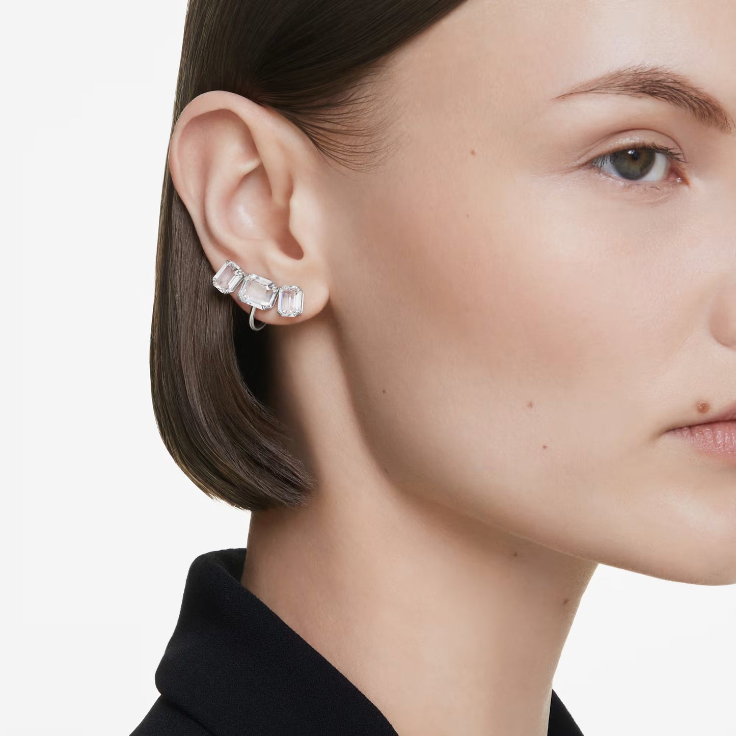 Millenia clip earring, Octagon cut, White, Rhodium