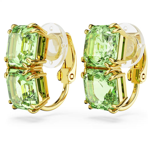 Millenia clip earrings, Square cut, Green, Gold-tone plated