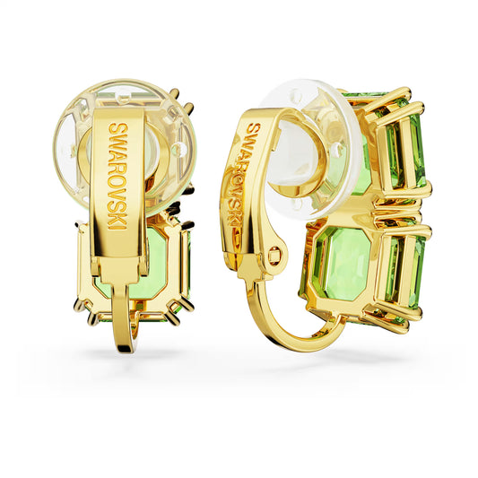 Millenia clip earrings, Square cut, Green, Gold-tone plated