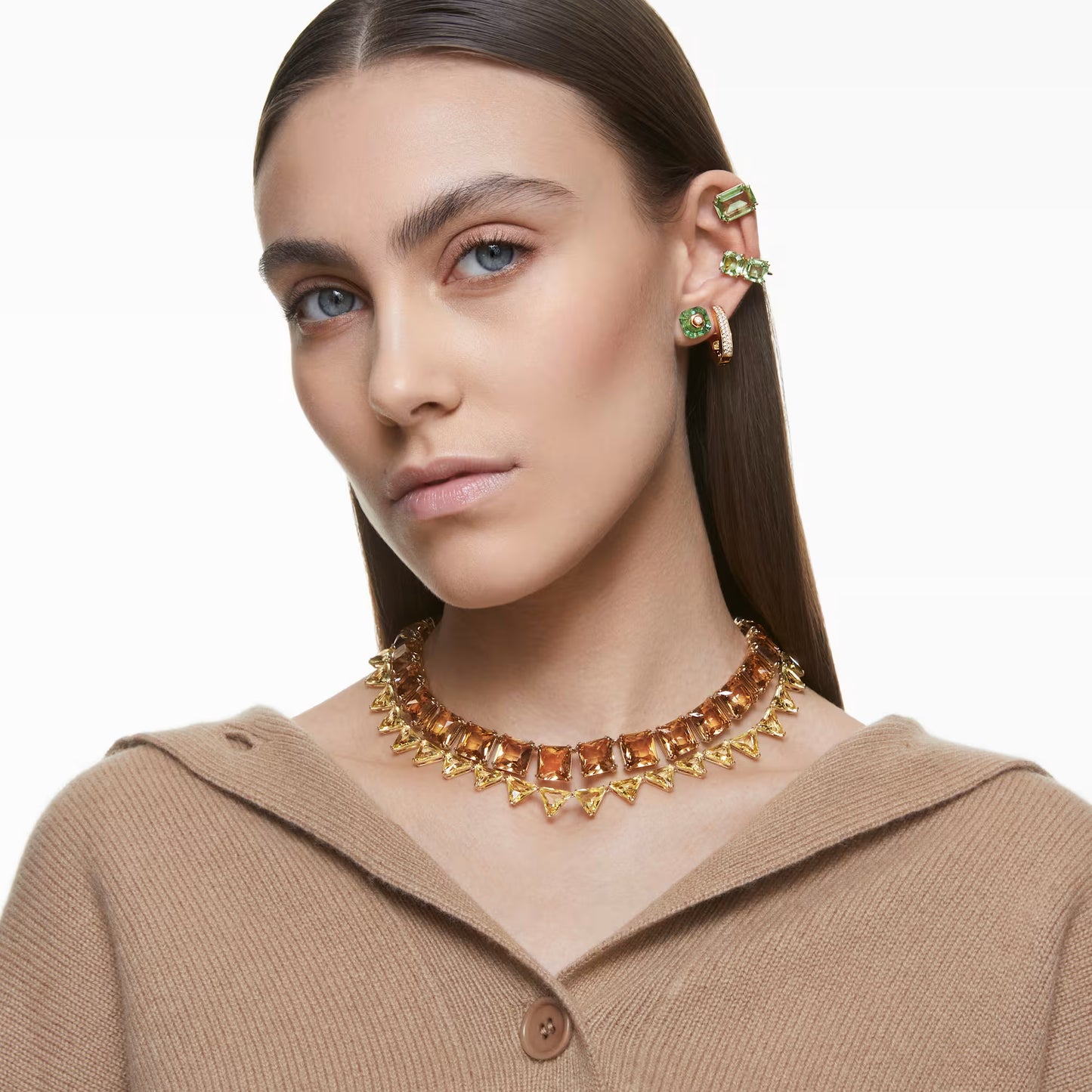 Millenia clip earrings, Square cut, Green, Gold-tone plated