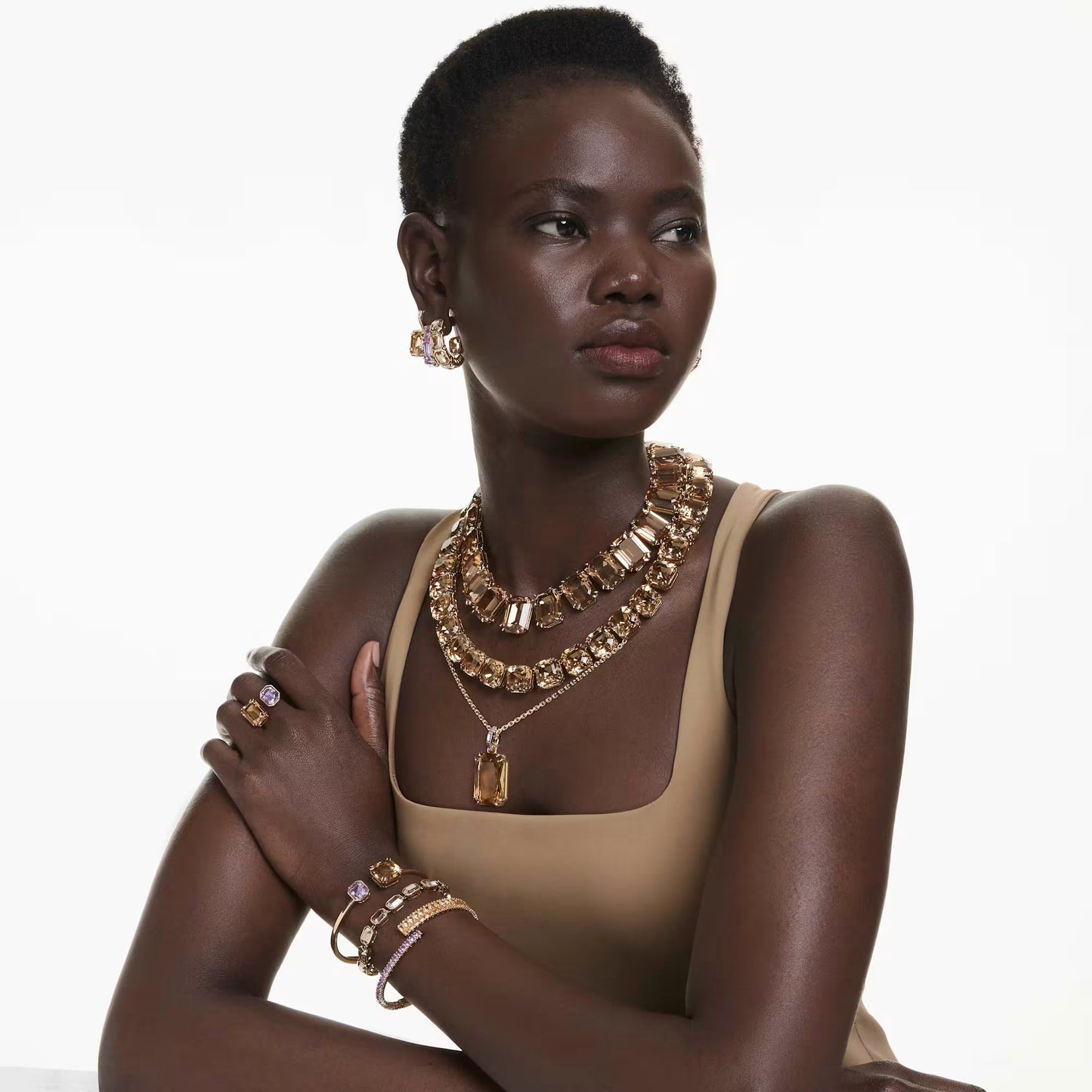 Millenia drop earrings, Mixed cuts, Caramel, 18K gold finish