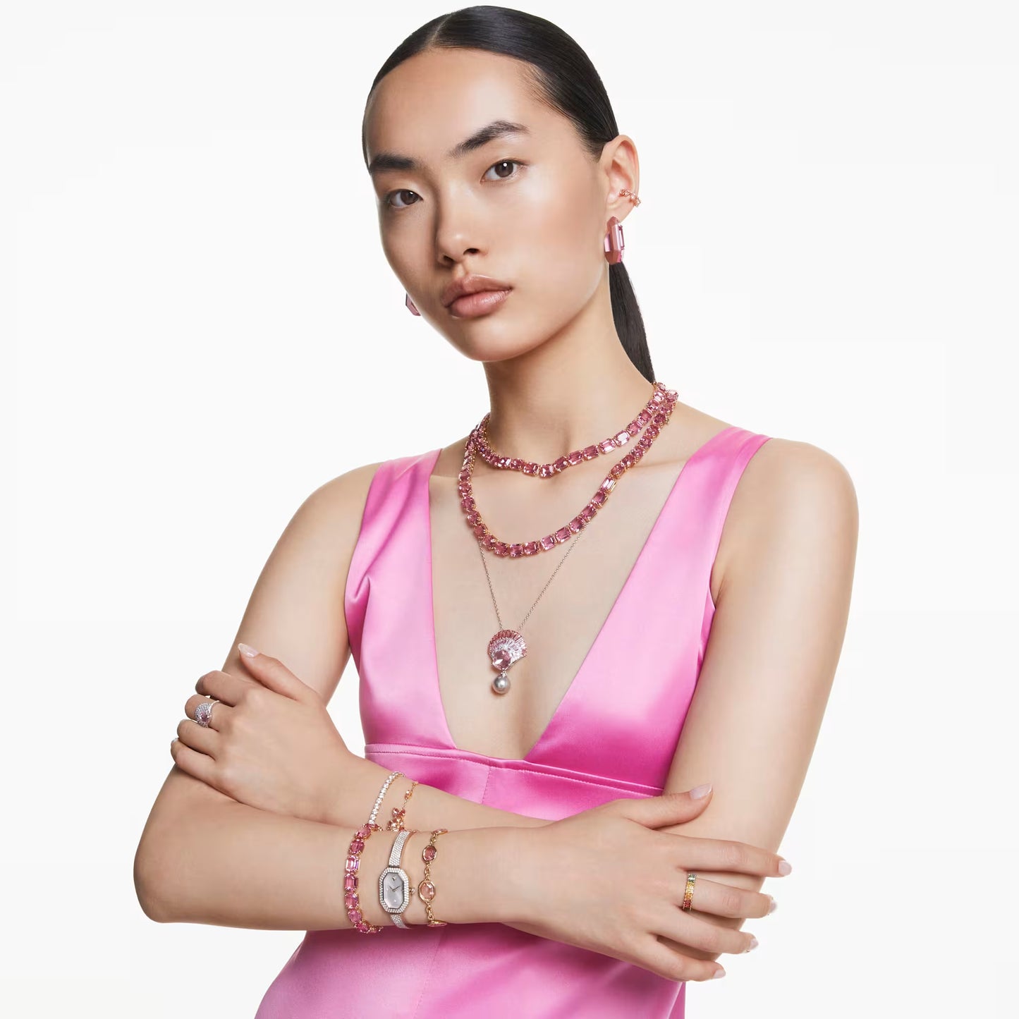 Millenia necklace, Octagon cut, Pink, Gold-tone