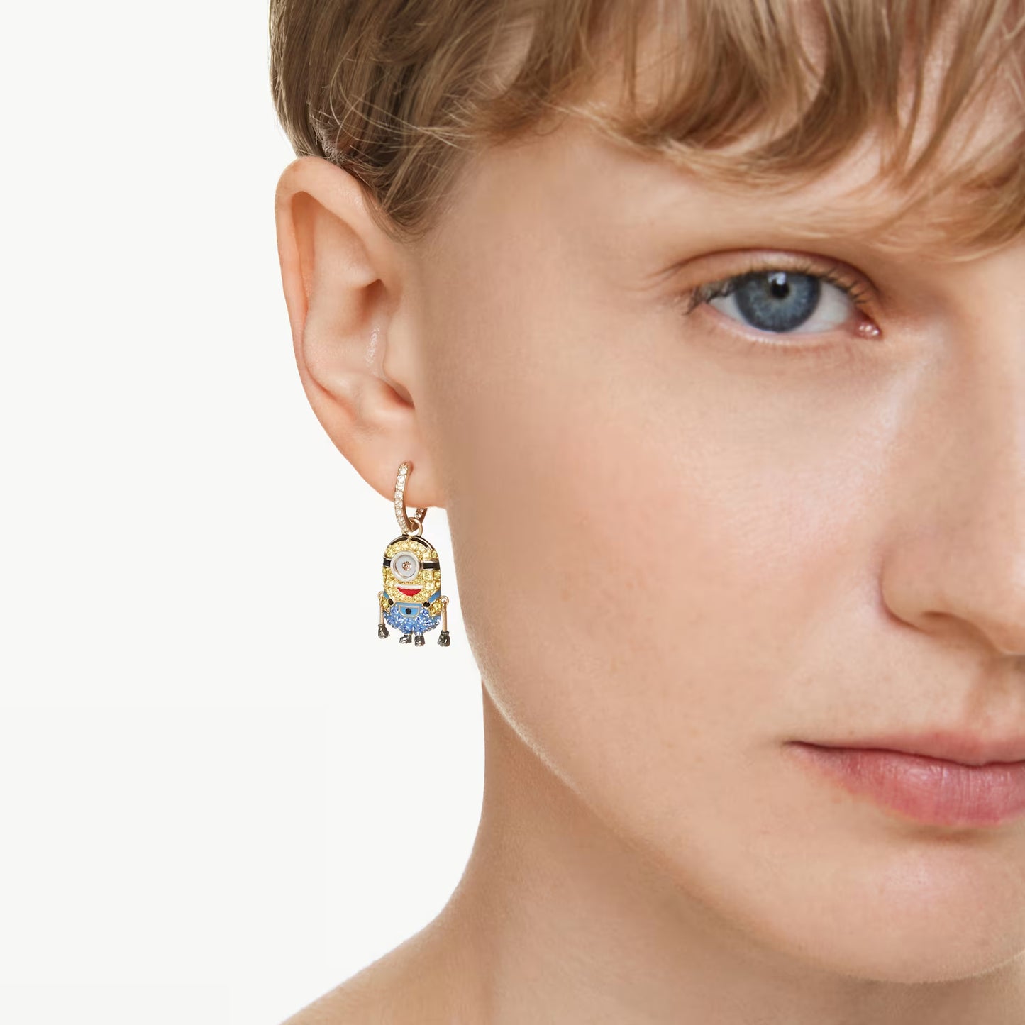 Minions Stuart and Banana drop earrings, Pavé, Mini, Multicoloured, 18k gold finish