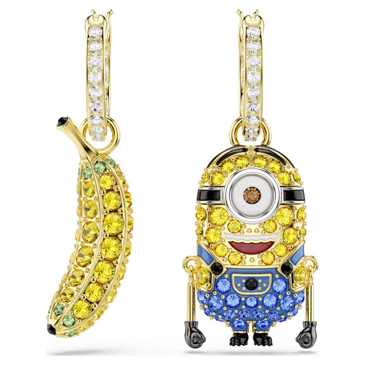 Minions Stuart and Banana drop earrings, Pavé, Mini, Multicoloured, 18k gold finish