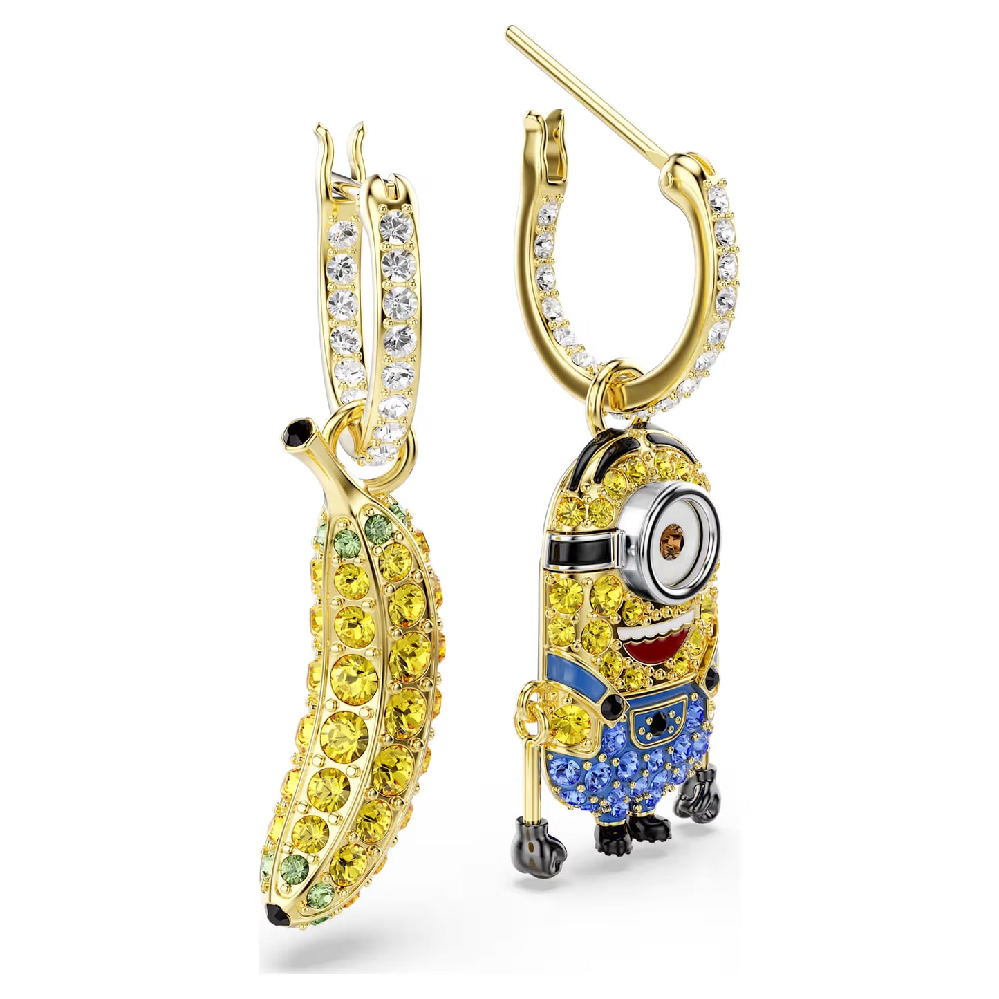 Minions Stuart and Banana drop earrings, Pavé, Mini, Multicoloured, 18k gold finish