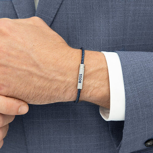 Ares Air Braided Bracelet in Blue Leather with Logo Plaque