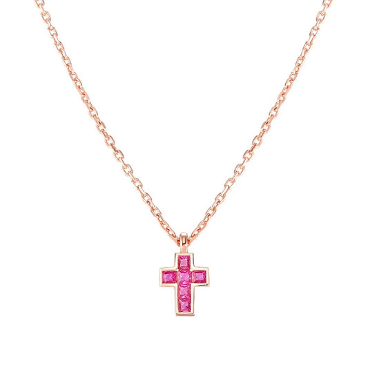 Carismatica Rose Gold Plated Pink CZ Small Cross Necklace